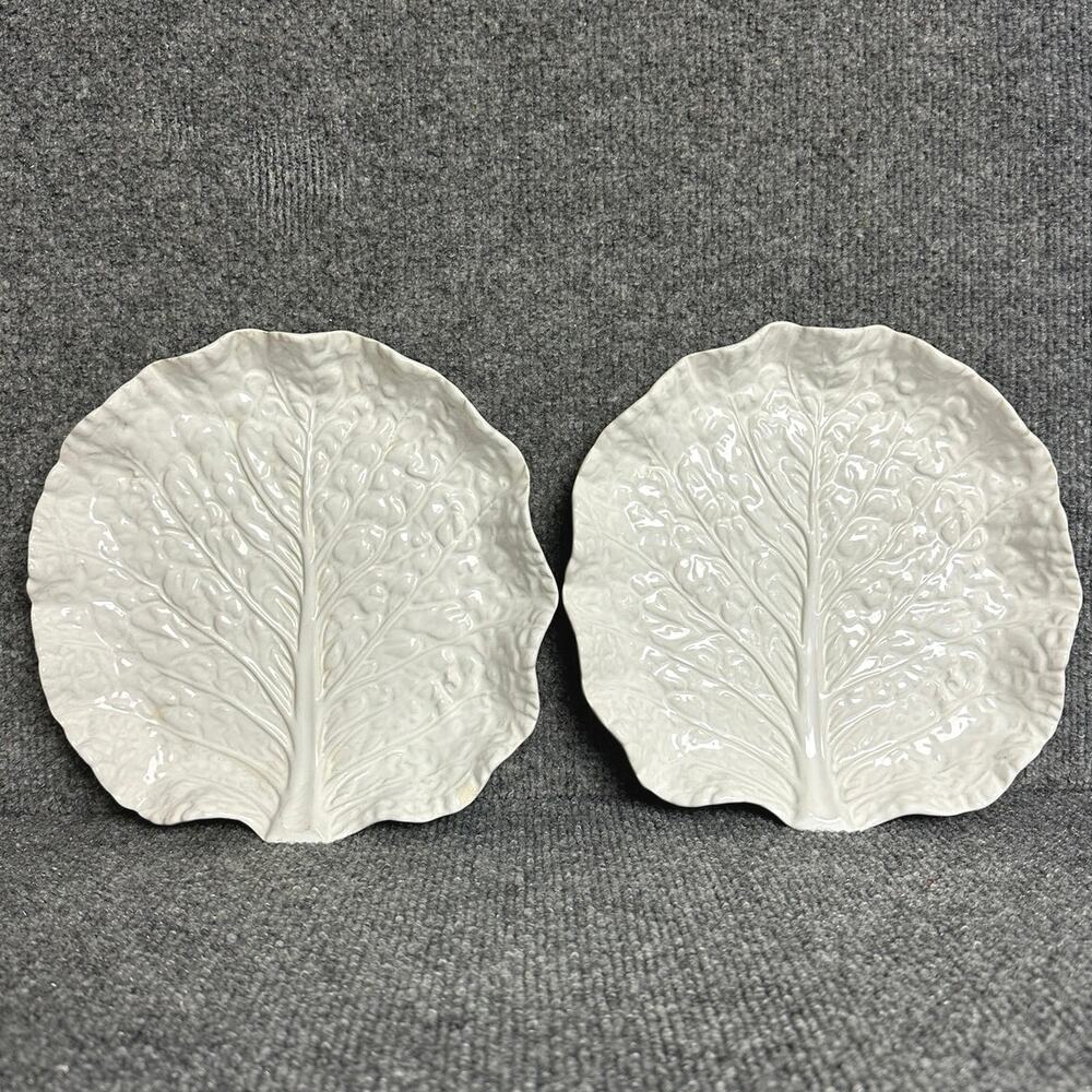 Vintage Bordallo Pinheiro white cabbage leaf plates bowls 9” set majolica READ